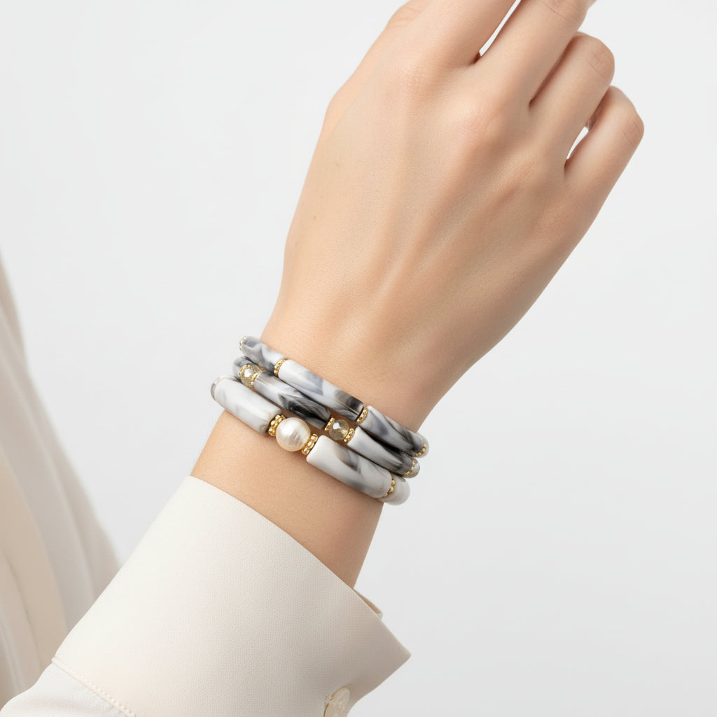 Marble Muse – Acrylic Pearl Accent Bangle Set (Free Size)