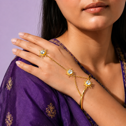 Solara Sunburst Hand Harness Ring Bracelet (Hath Phool)