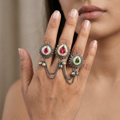 Oxidised Silver Three Finger Ring with Chains & Color Stones – Brass