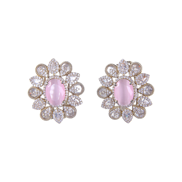 Rhodium-Plated Pink and Diamond Floral Stud Earrings