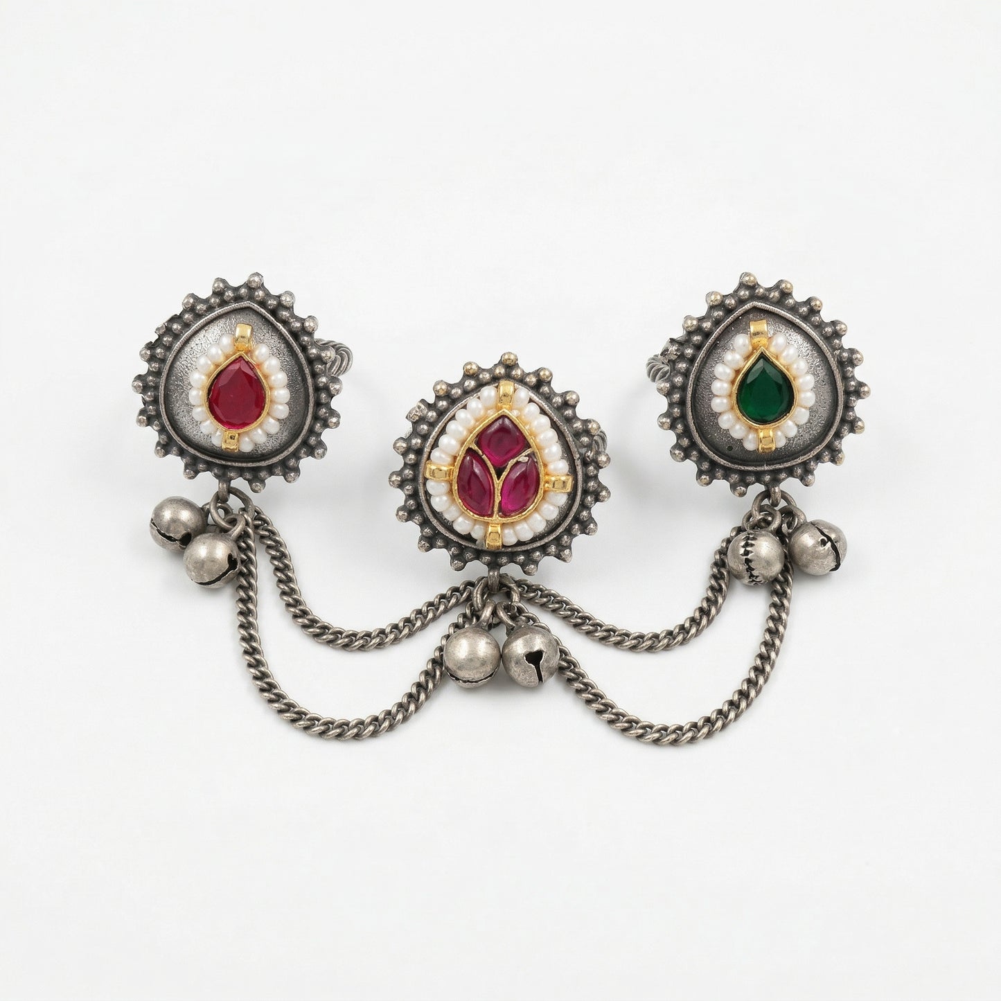 Oxidised Silver Three Finger Ring with Chains & Color Stones – Brass