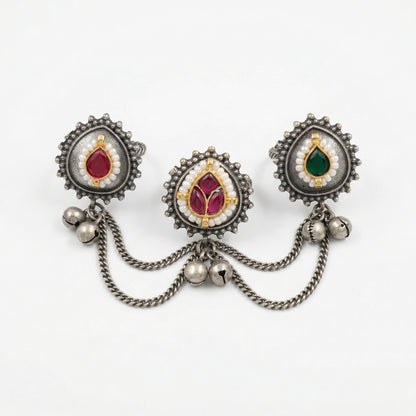 Oxidised Silver Three Finger Ring with Chains & Color Stones – Brass