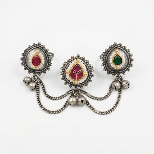 Oxidised Silver Three Finger Ring with Chains & Color Stones – Brass