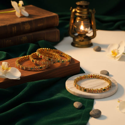 Gold Plated Alloy Bangle Set of 4 with Multicolour Square Stones & Seed Pearls | Navratna-Inspired Traditional Indian Bangles for Women