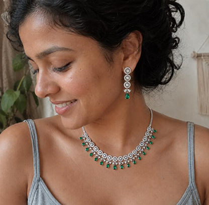 Bouti Patta AAA American Diamond Necklace & Earrings Set | Brass | Floral Choker Collar | Bridal & Party Jewellery