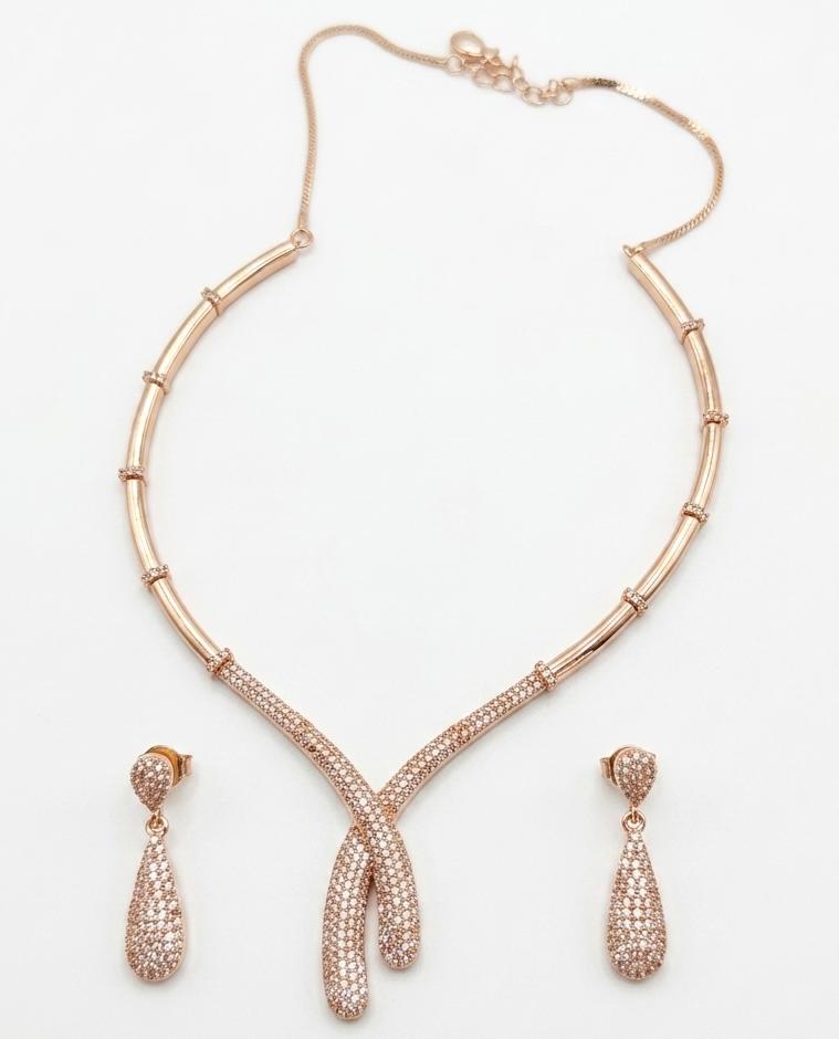 Rose Gold AAA American Diamond Lariat Y-Drop Necklace & Earrings Set | Brass Rose Gold Plated | Minimalist Bridal Jewellery