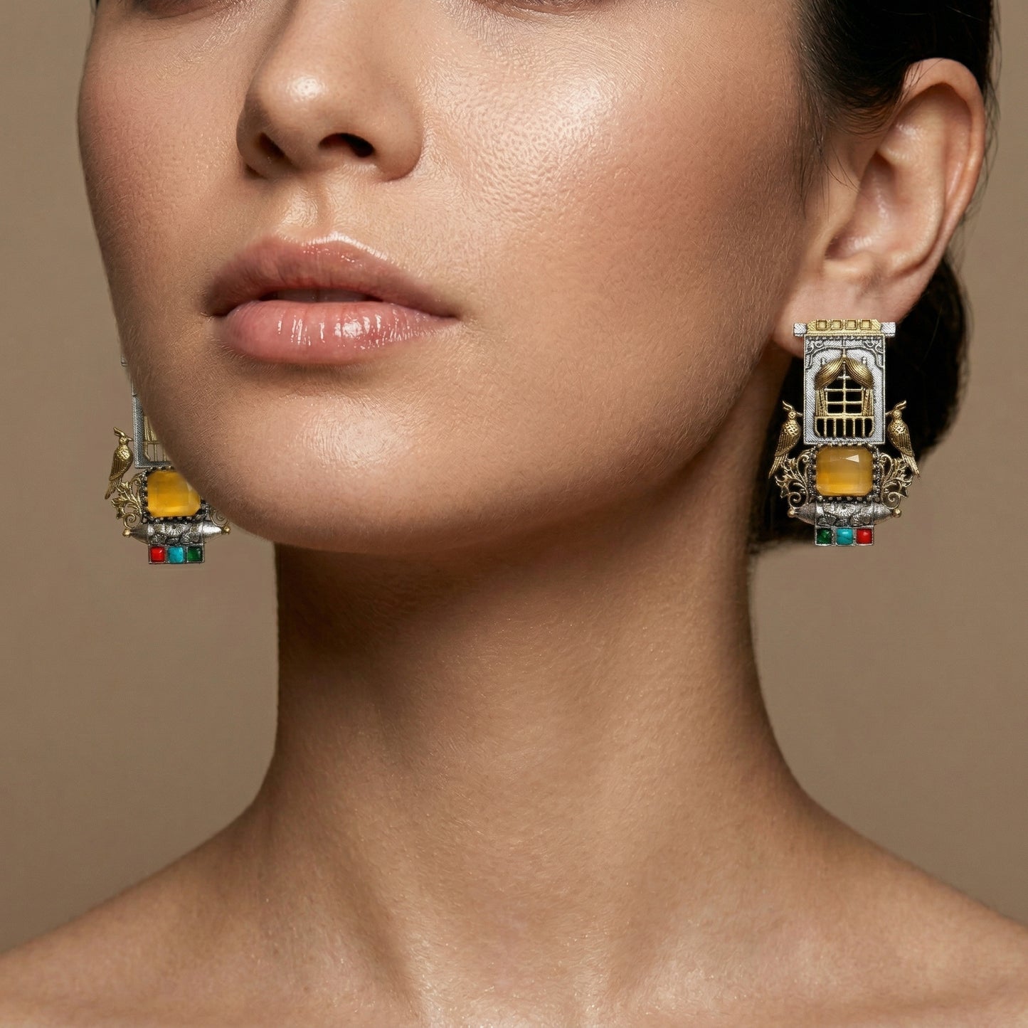 Dual Tone Gold Silver Statement Stud Earrings with Glass Stones