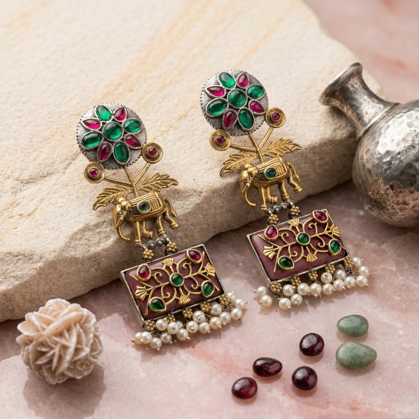 Dual Tone Gold Silver Dangler Earrings with Natural Glass Stones