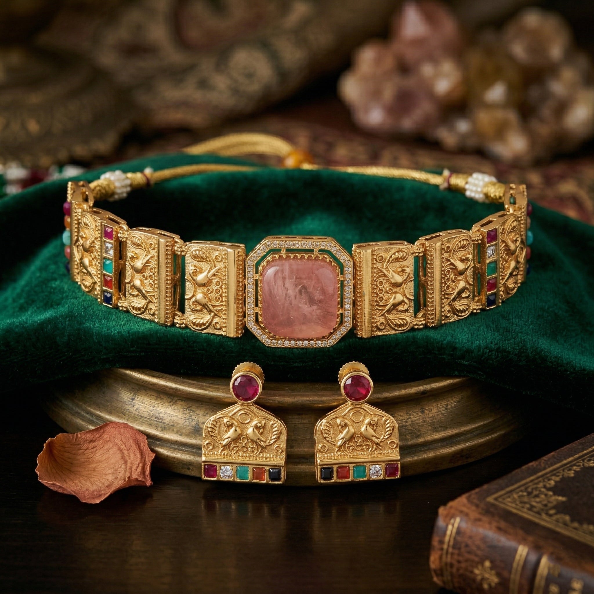 Gold Plated Brass Choker Necklace Set with Natural Russian Stone & Multicolour Semi-Precious Stones | Mughal-Inspired Heritage Jewellery Set for Women