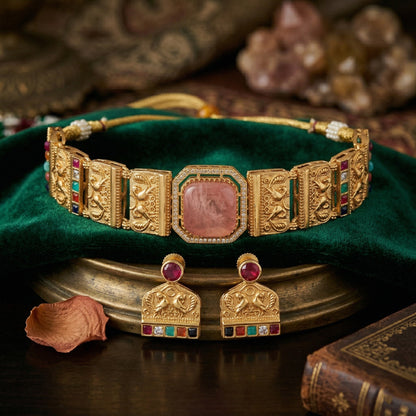 Gold Plated Brass Choker Necklace Set with Natural Russian Stone & Multicolour Semi-Precious Stones | Mughal-Inspired Heritage Jewellery Set for Women