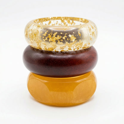 Gold Glitter Resin, Sheesham Wood & Yellow Marble Resin Bangle Stack | Earthy Boho-Luxe Mixed-Material Bracelet Set of 3 for Women