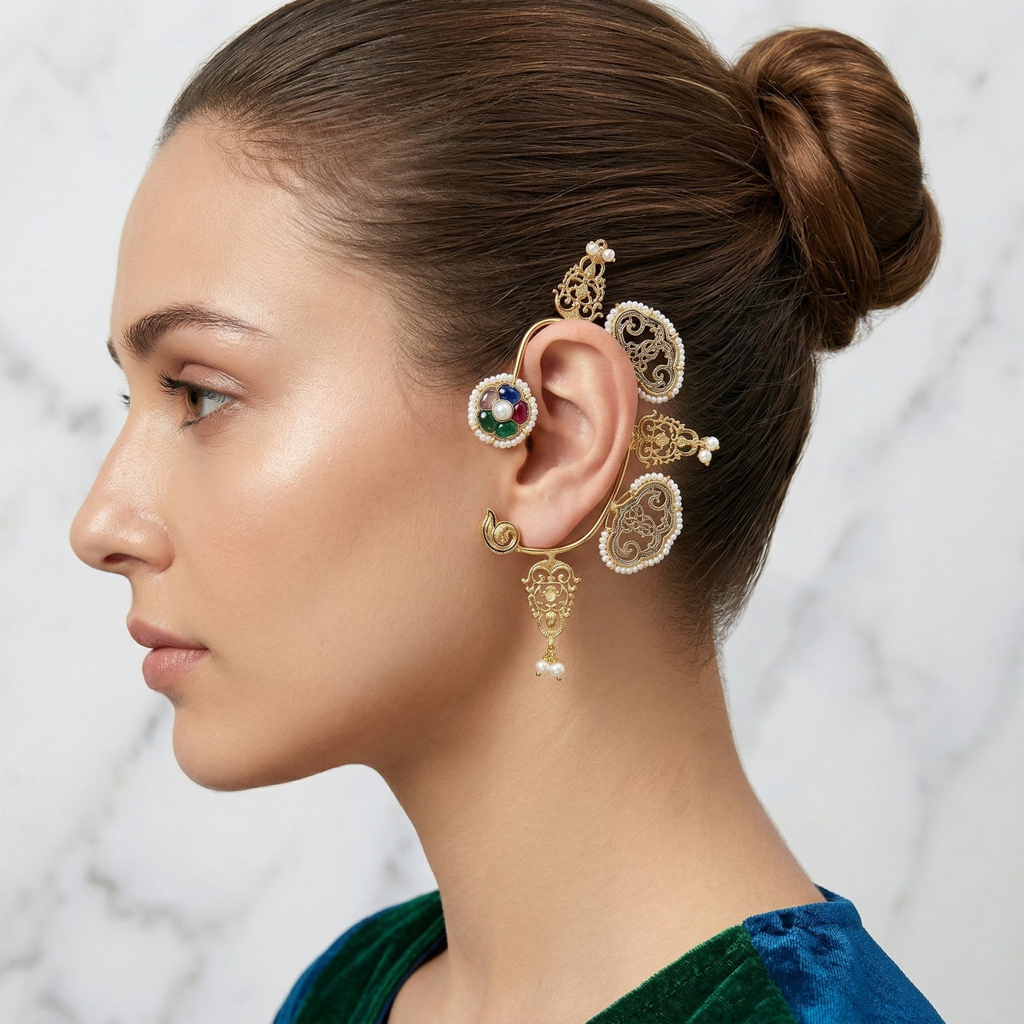 Dual Tone Gold Silver Oversized Ear Cuff with Pearls – No Piercing