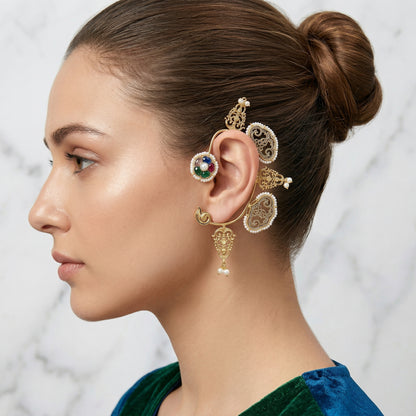 Dual Tone Gold Silver Oversized Ear Cuff with Pearls – No Piercing