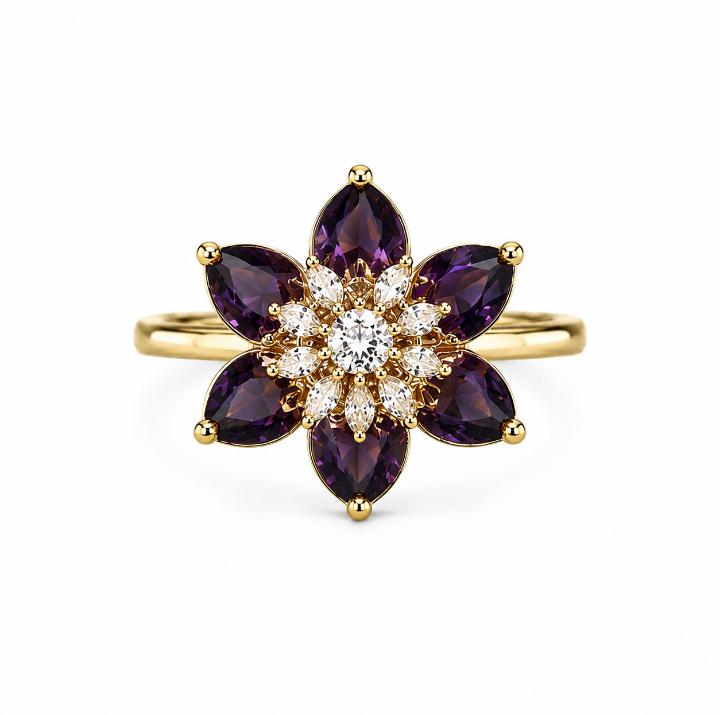 Floral AAA American Diamond Brass Statement Ring| Daisy Flower Cocktail Ring for Women