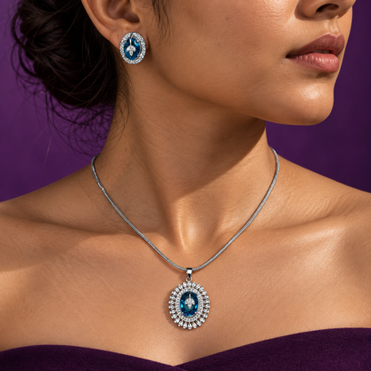 Neelambari Oval Halo Pendant Set with Matching Earrings