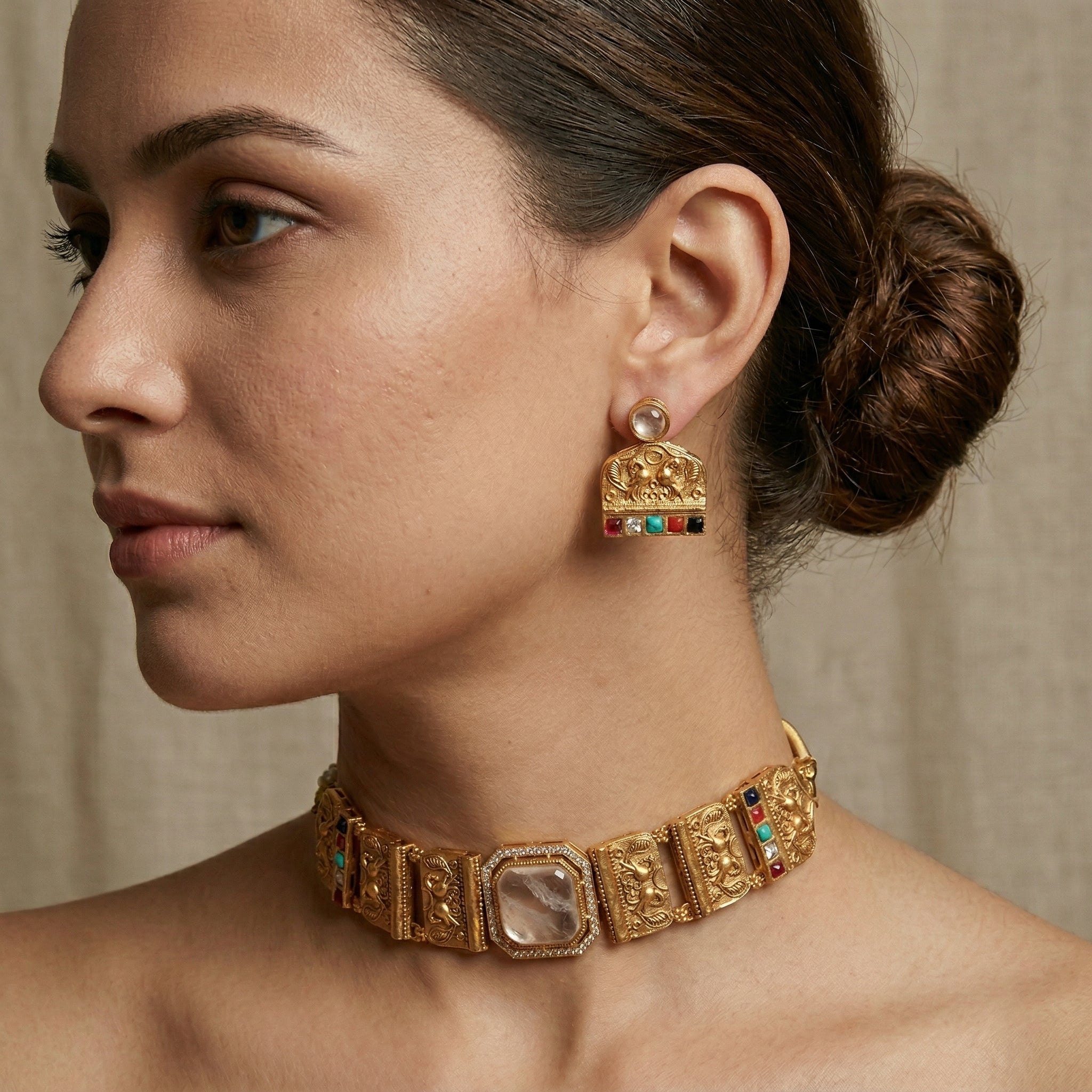 Gold Plated Brass Choker Necklace Set with Natural Russian Stone & Multicolour Semi-Precious Stones | Mughal-Inspired Heritage Jewellery Set for Women
