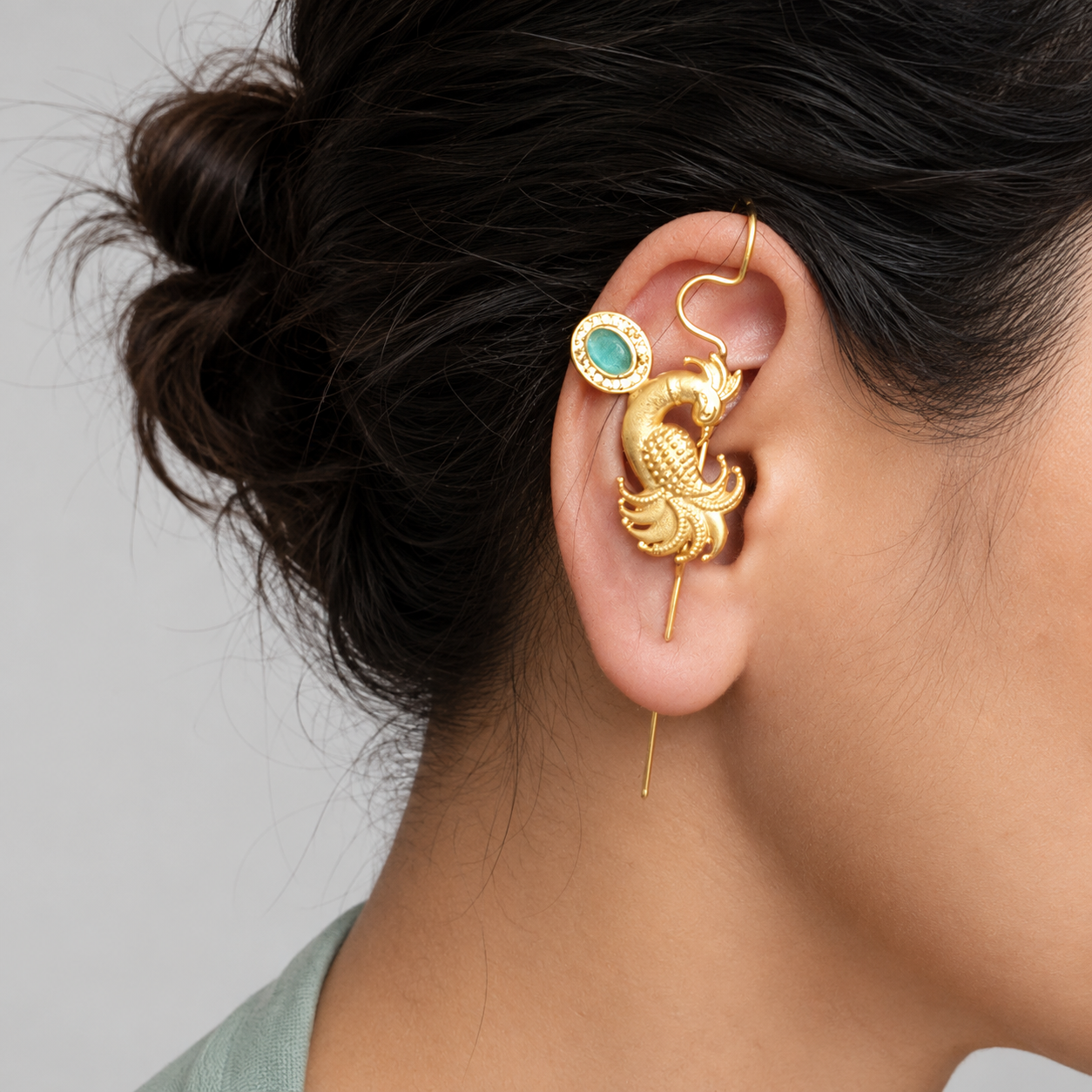 Gold Plated Peacock Needle Earcuff with Glass Stone – Designer Brass Ear Cuff for Women