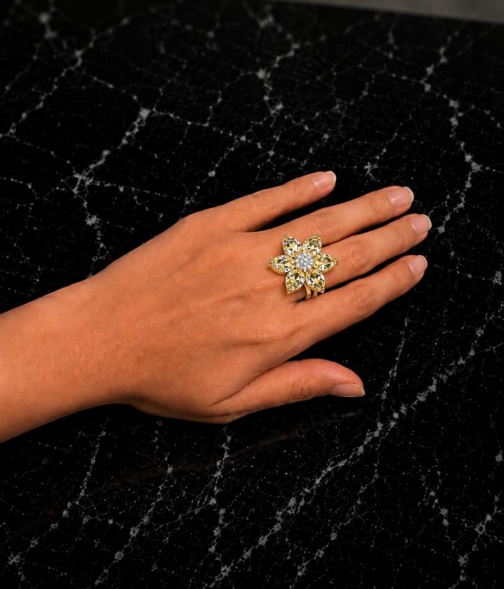 Floral AAA American Diamond Brass Statement Ring| Daisy Flower Cocktail Ring for Women