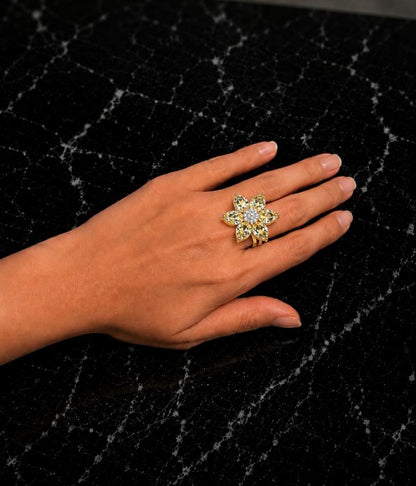 Floral AAA American Diamond Brass Statement Ring| Daisy Flower Cocktail Ring for Women
