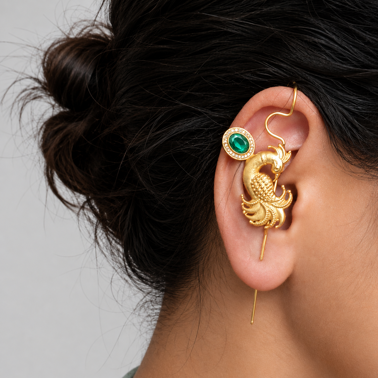 Gold Plated Peacock Needle Earcuff with Glass Stone – Designer Brass Ear Cuff for Women
