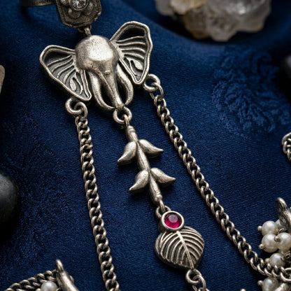 Oxidised Silver Replica Hathphool Hand Harness – Brass, Pearls & Motifs