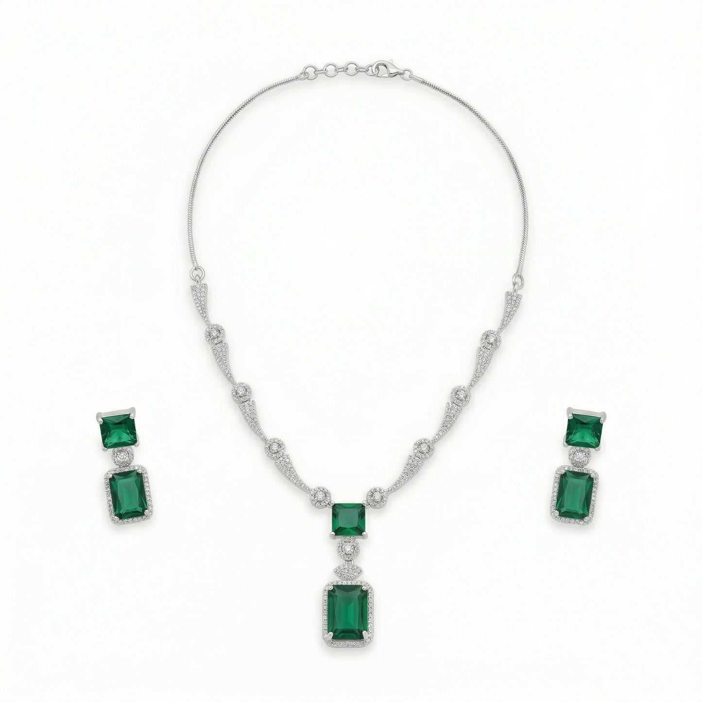 Regal Geometry American Diamond Necklace Set (Rhodium Plated)