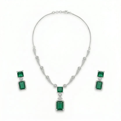 Regal Geometry American Diamond Necklace Set (Rhodium Plated)