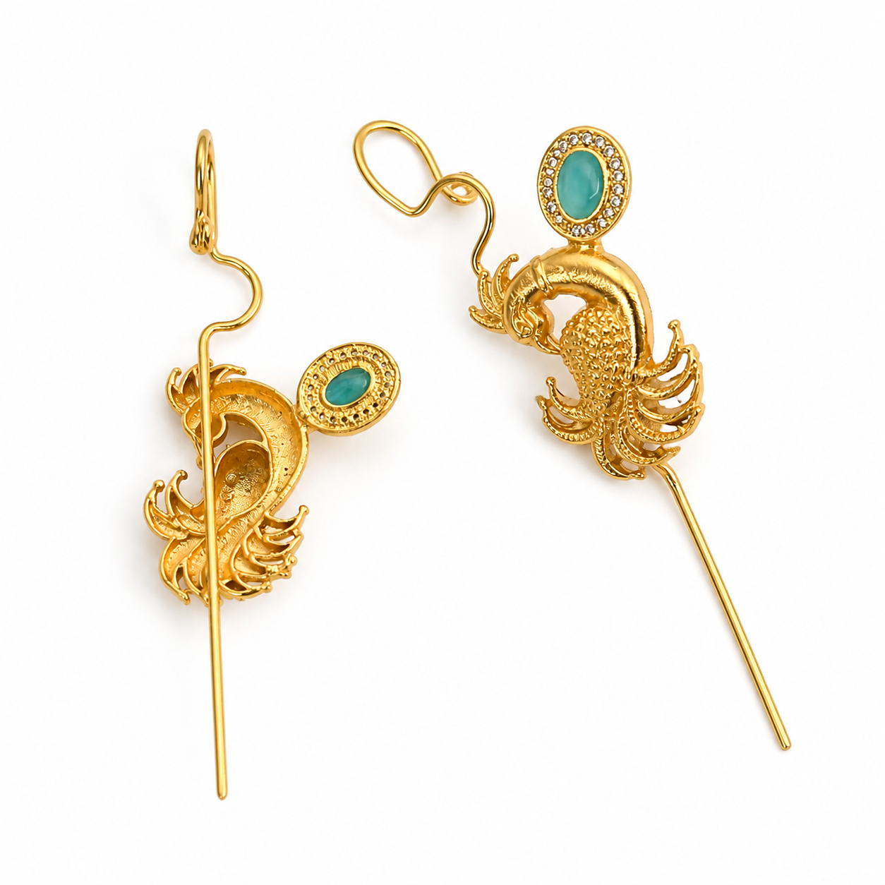 Gold Plated Peacock Needle Earcuff with Glass Stone – Designer Brass Ear Cuff for Women