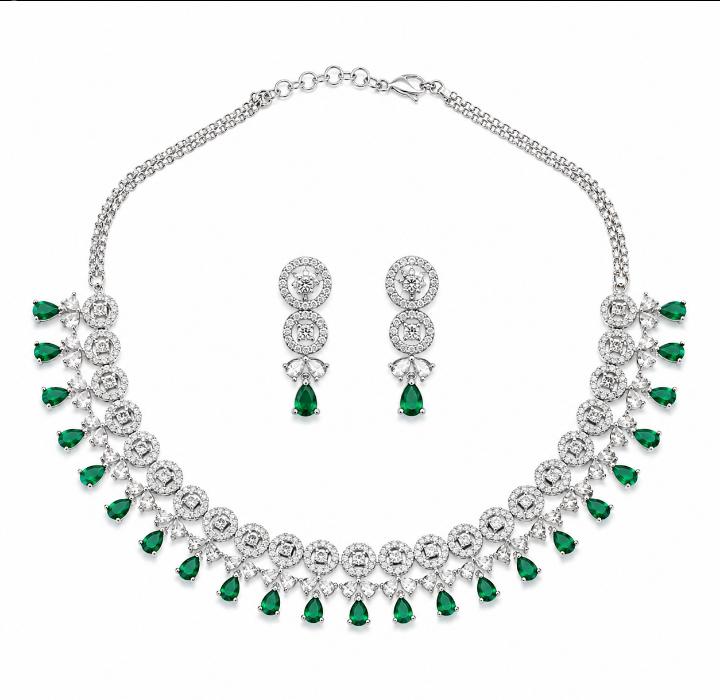 Bouti Patta AAA American Diamond Necklace & Earrings Set | Brass | Floral Choker Collar | Bridal & Party Jewellery