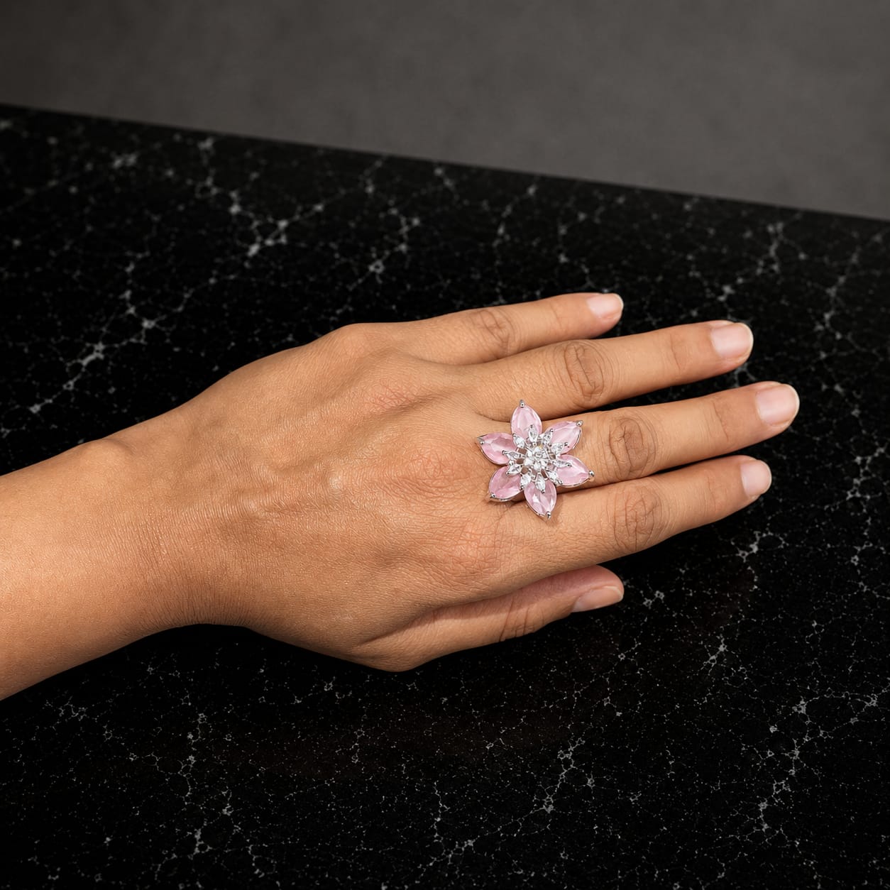 Floral AAA American Diamond Brass Statement Ring| Daisy Flower Cocktail Ring for Women