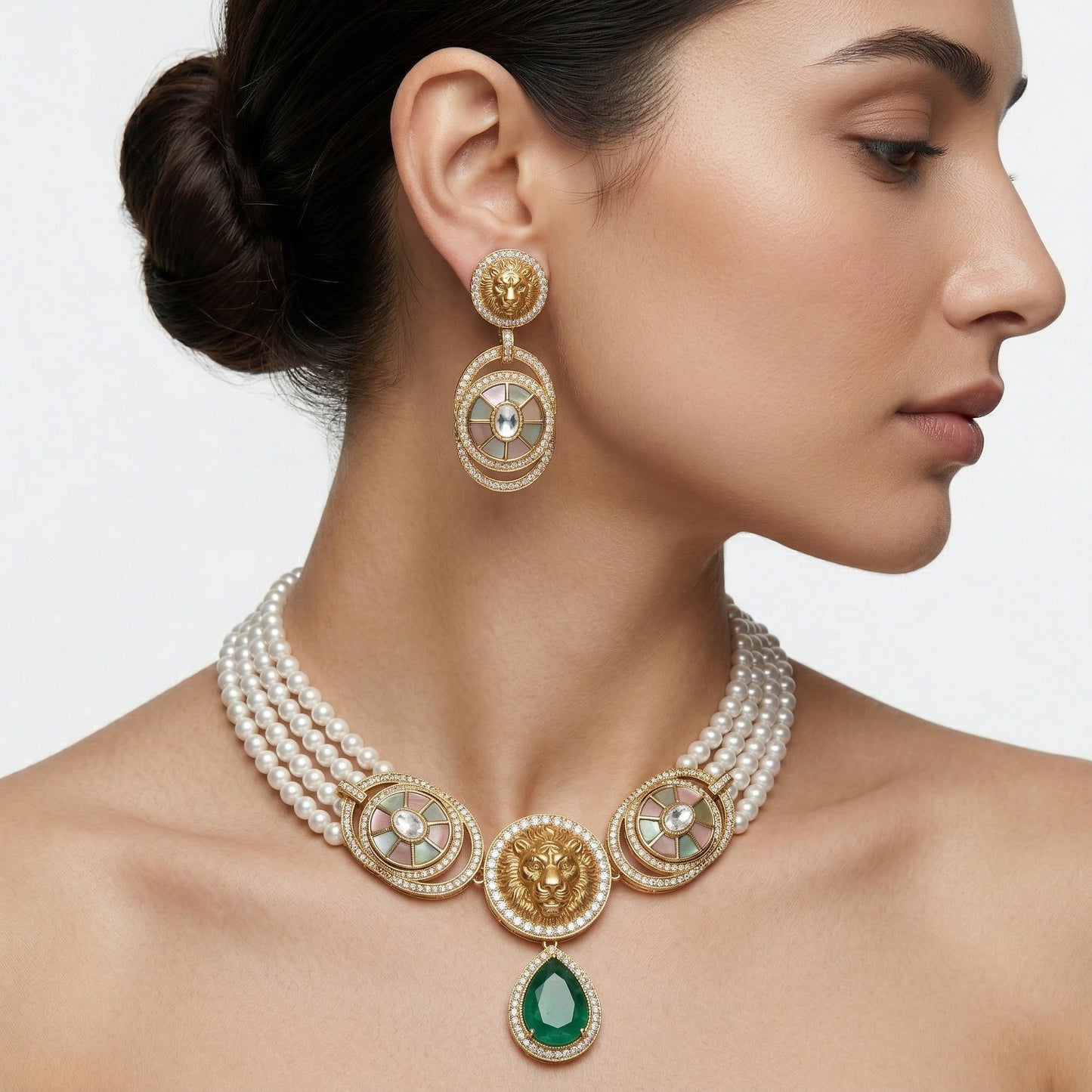 Royal Crest Pearl & American Diamond Necklace Set (Rhodium Plated)