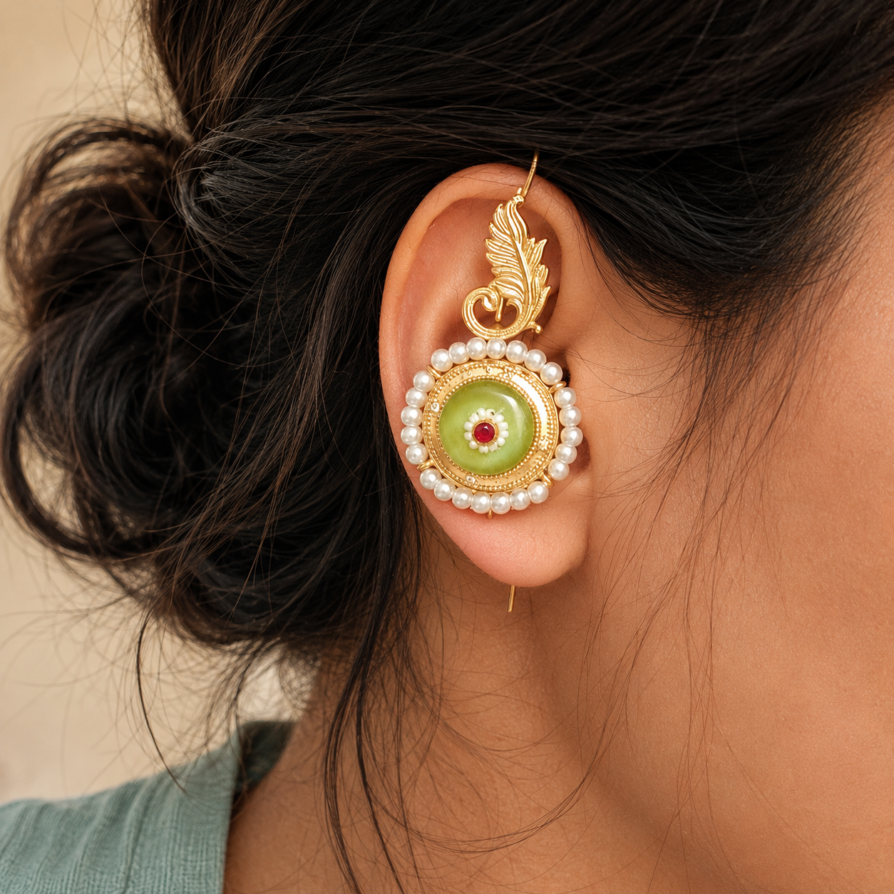 Gold Plated Needle Earcuff with Glass Stone & Pearl Detailing – Statement Brass Ear Cuff for Women