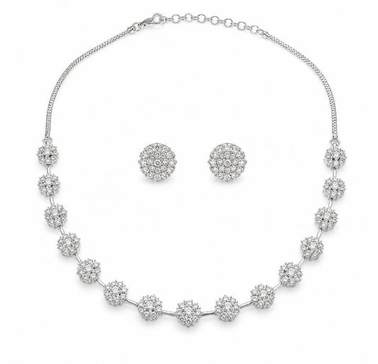Rhodium Plated AAA American Diamond Floral Necklace Set in Brass – Elegant CZ Jewellery for Women