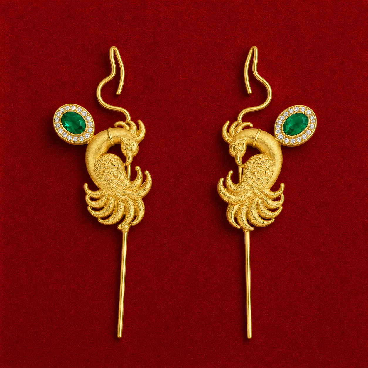 Gold Plated Peacock Needle Earcuff with Glass Stone – Designer Brass Ear Cuff for Women