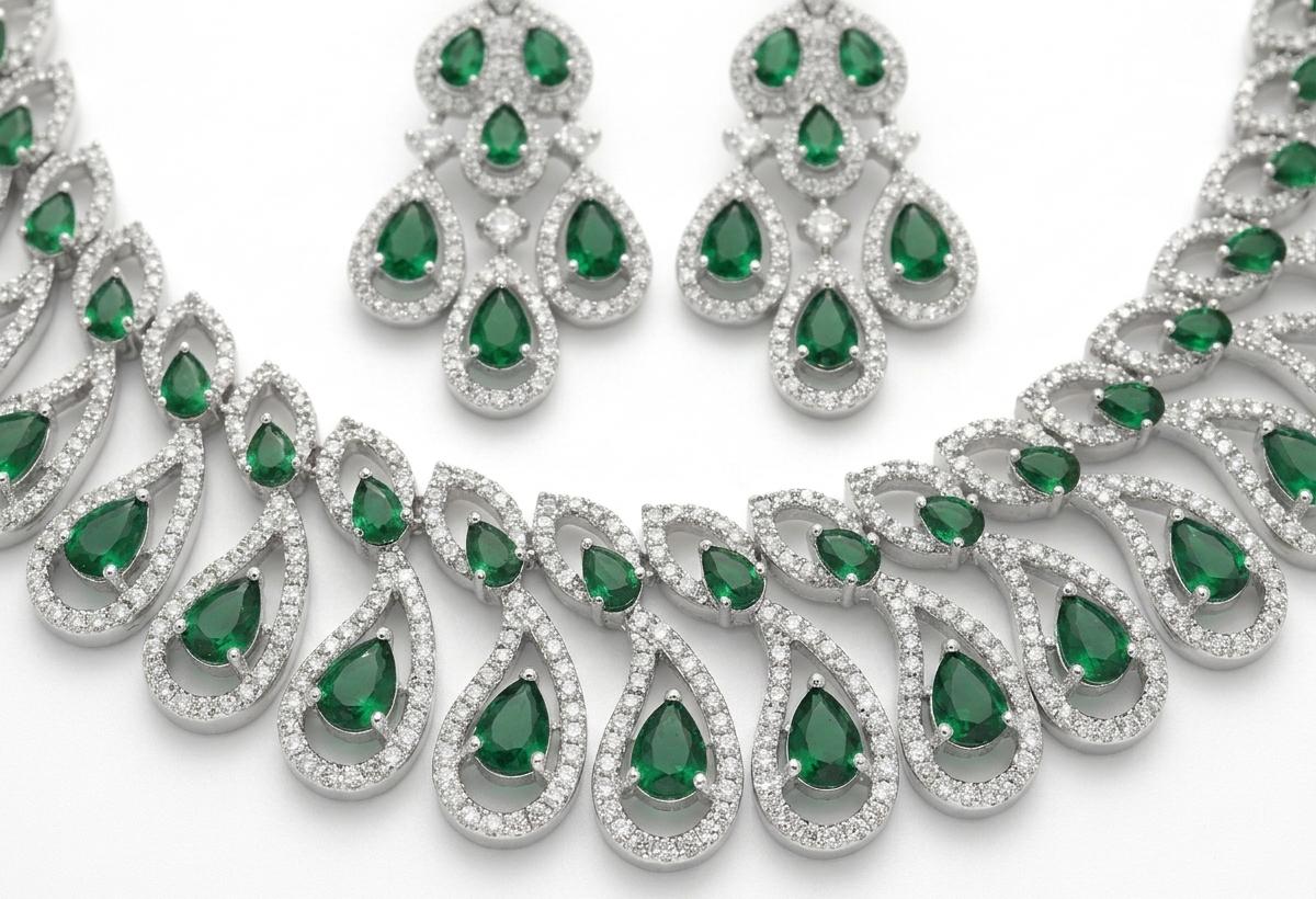 Green AAA American Diamond Statement Necklace & Earrings Set | Brass Rhodium Plated | Feather Swirl Collar | Bridal Wedding Jewellery