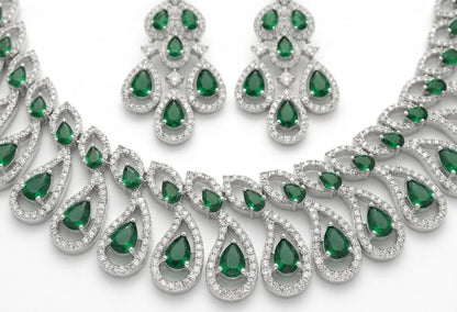 Green AAA American Diamond Statement Necklace & Earrings Set | Brass Rhodium Plated | Feather Swirl Collar | Bridal Wedding Jewellery
