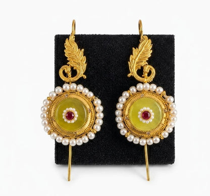 Gold Plated Needle Earcuff with Glass Stone & Pearl Detailing – Statement Brass Ear Cuff for Women