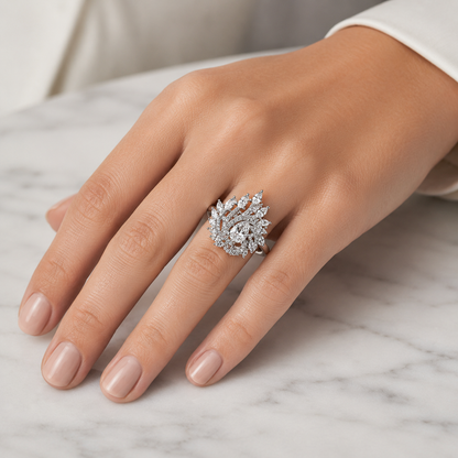 AAA American Diamond Halo Cocktail Brass Ring| Statement Solitaire Finger Ring