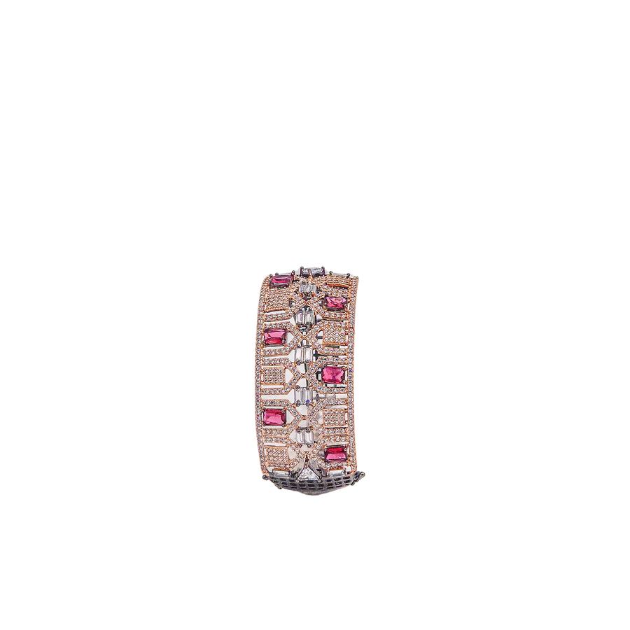 Rose Gold-Plated American Diamond and Ruby Bangle – A Modern Art Deco Marvel