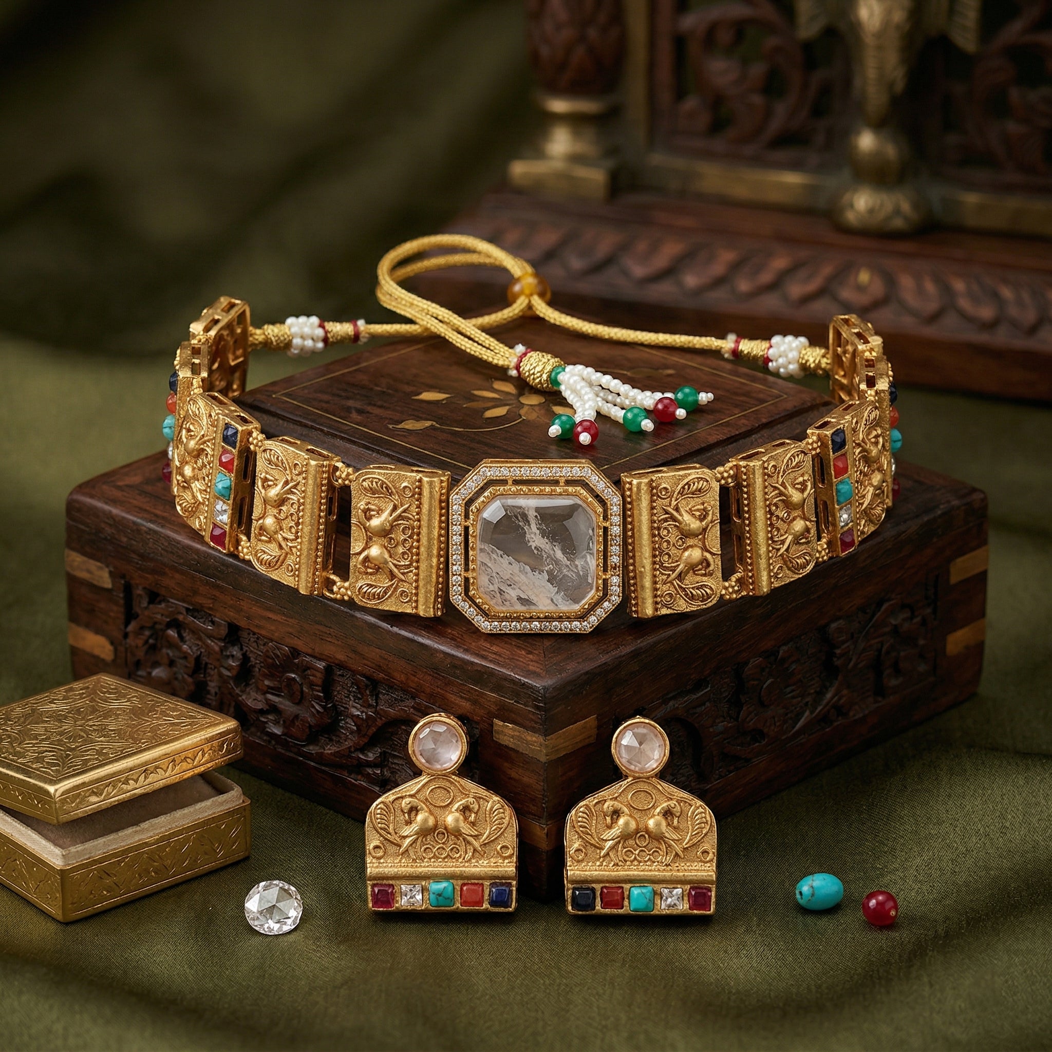 Gold Plated Brass Choker Necklace Set with Natural Russian Stone & Multicolour Semi-Precious Stones | Mughal-Inspired Heritage Jewellery Set for Women