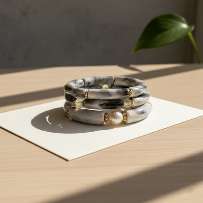 Marble Muse – Acrylic Pearl Accent Bangle Set (Free Size)
