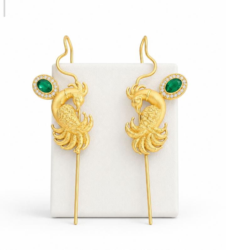 Gold Plated Peacock Needle Earcuff with Glass Stone – Designer Brass Ear Cuff for Women
