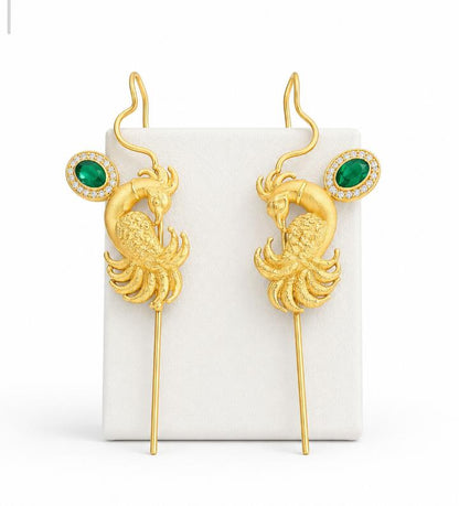 Gold Plated Peacock Needle Earcuff with Glass Stone – Designer Brass Ear Cuff for Women