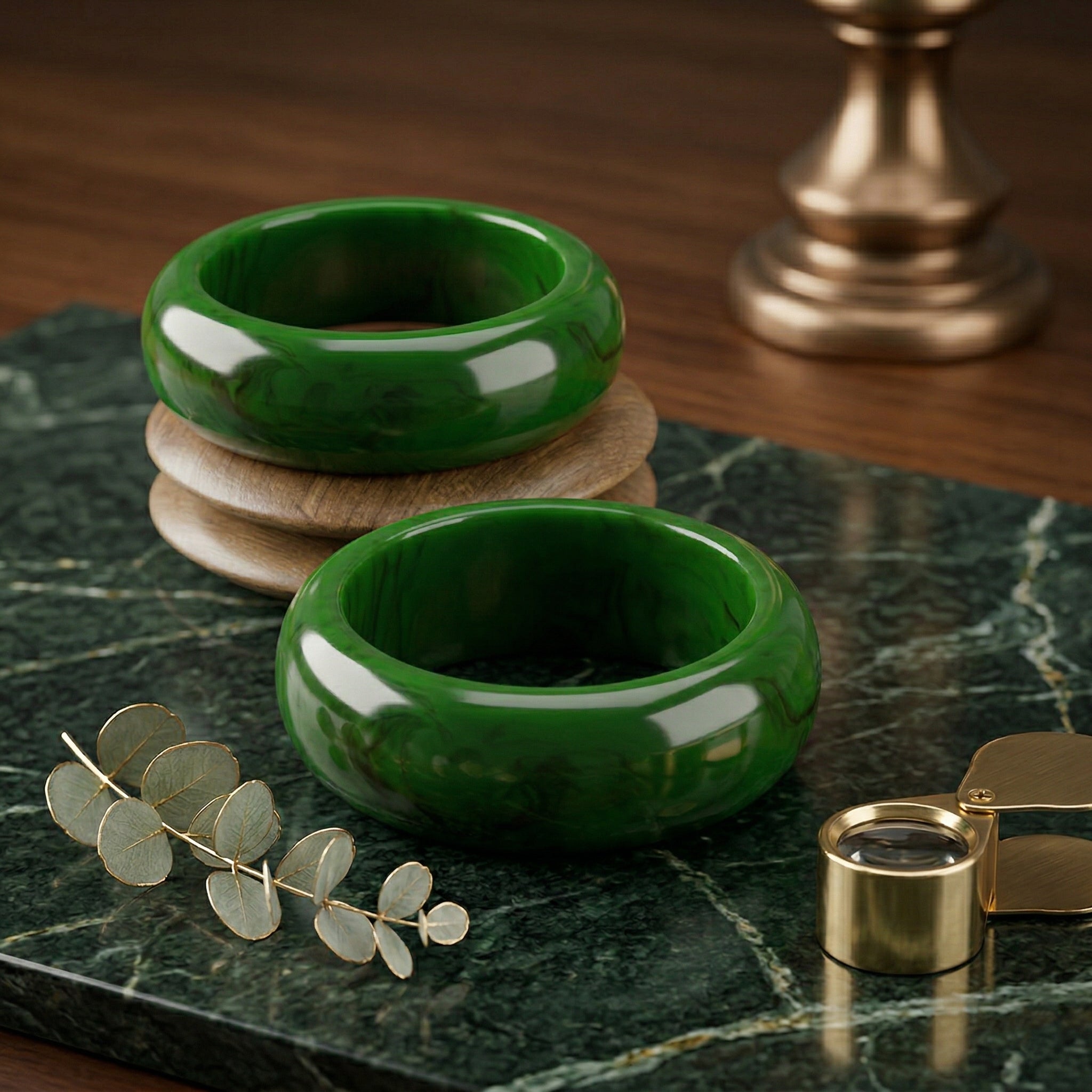 Emerald Green Marble Resin & Gold-Painted Sheesham Wood Bangle Stack | Mixed-Material Boho-Luxe Bracelet Set of 4 for Women