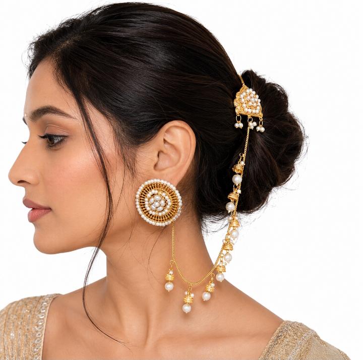 Zoya Oversized Kundan Pearl Stud Earrings with Kaan Chain