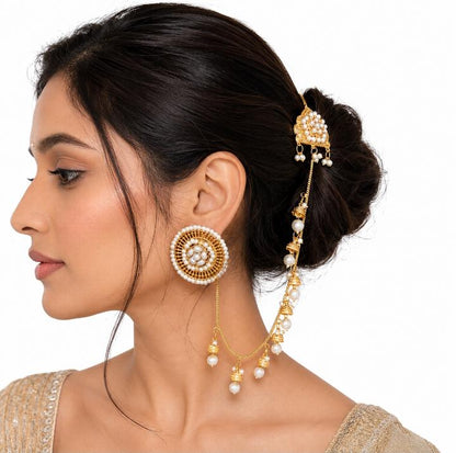 Zoya Oversized Kundan Pearl Stud Earrings with Kaan Chain