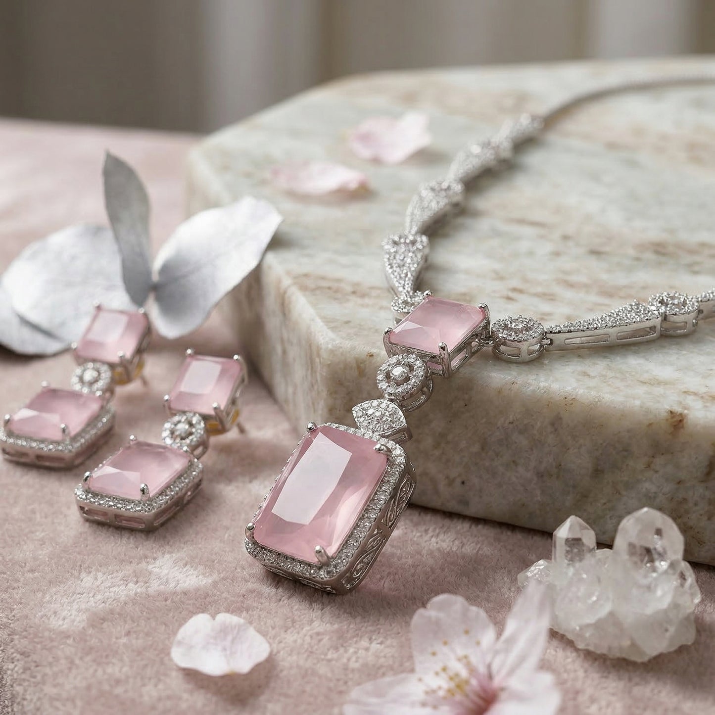 Regal Geometry American Diamond Necklace Set (Rhodium Plated)