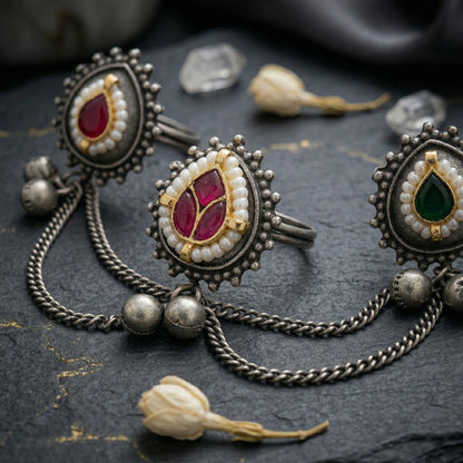 Oxidised Silver Three Finger Ring with Chains & Color Stones – Brass