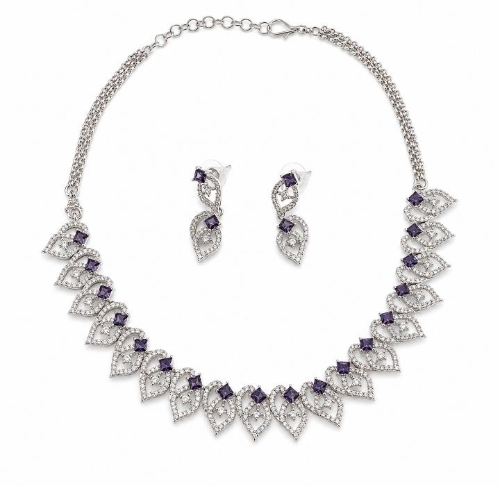 Rhodium Plated Leaf Motif AAA American Diamond Necklace Set in Brass – Colour Stone CZ Jewellery for Women