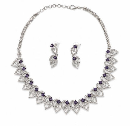 Rhodium Plated Leaf Motif AAA American Diamond Necklace Set in Brass – Colour Stone CZ Jewellery for Women